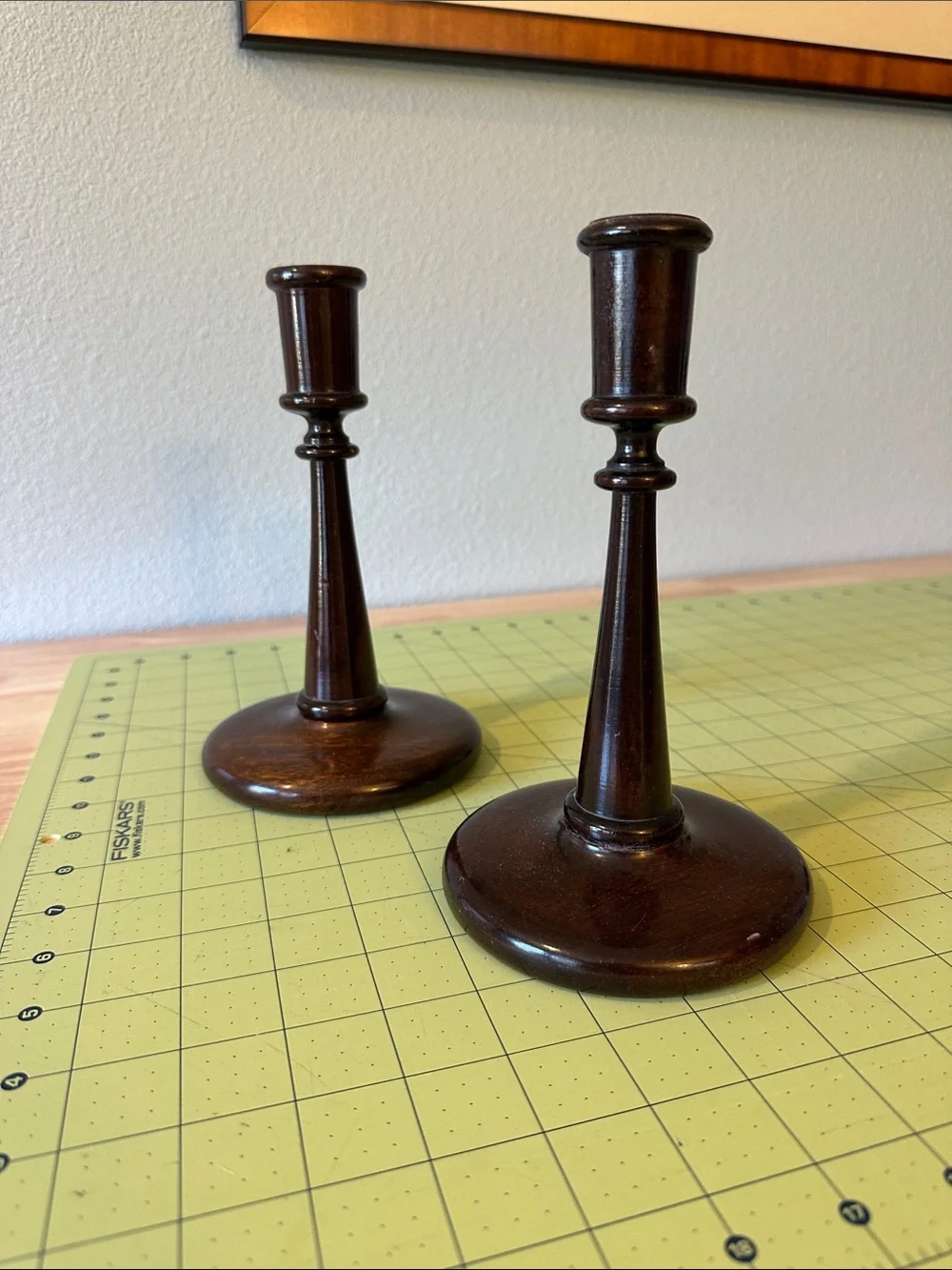 Source Unknown Pair of Dark Brown Wooden Candlesticks